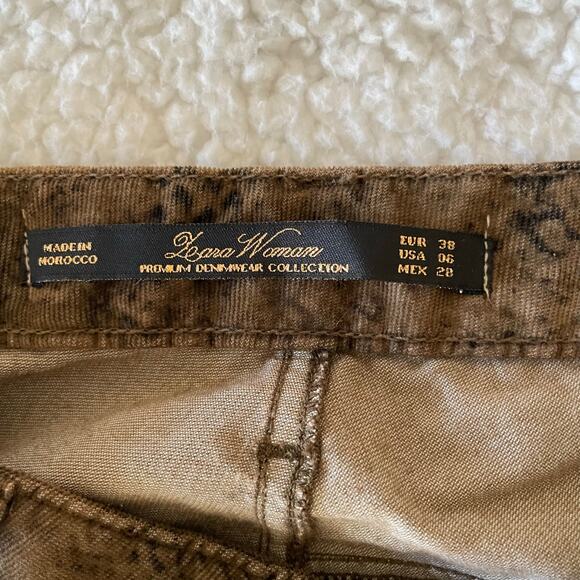 Zara Woman Snake Print Corduroy Skinny Pants Brown Stretch Mid Rise Size 6 - Picture 2 of 9